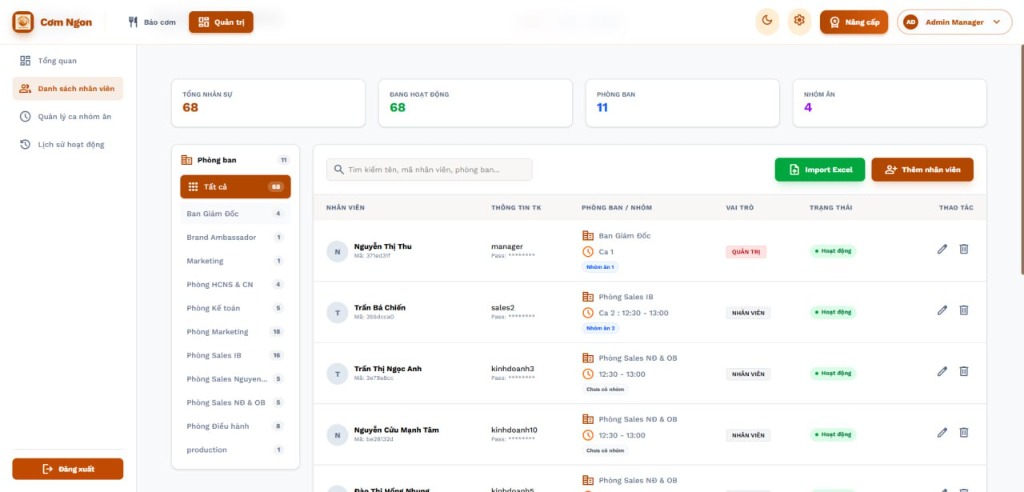 Cơm Ngon - Quản lý danh sách nhân viên đăng ký suất ăn