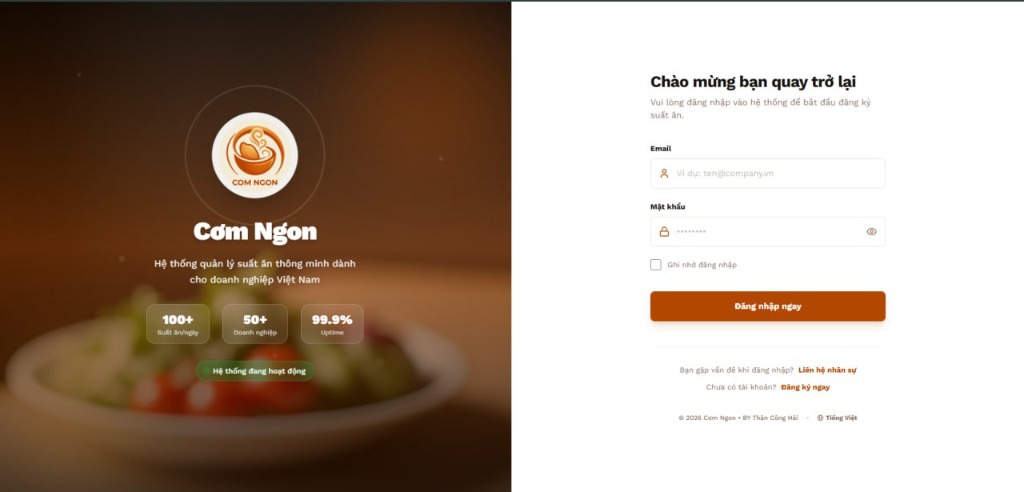 Cơm Ngon - Màn hình đăng nhập hệ thống quản lý suất ăn