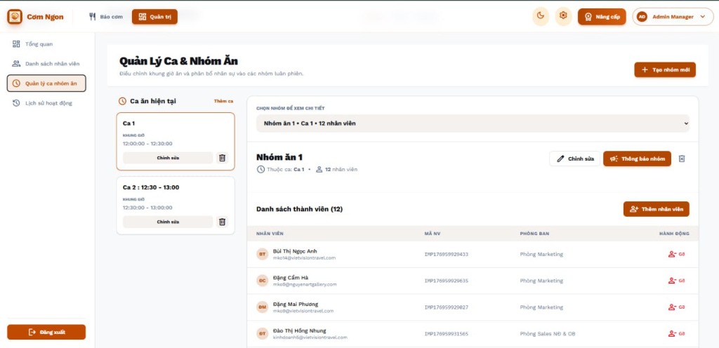 Cơm Ngon - Quản lý ca ăn và nhóm phòng ban